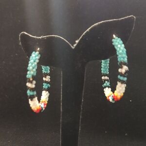 Silver Tone Multi Color Beaded Hoop Statement Earrings